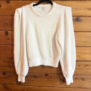 Ronny Kobo Carina Puff Sleeve Sweater XS / S White Fuzzy Cozy Soft Crewneck